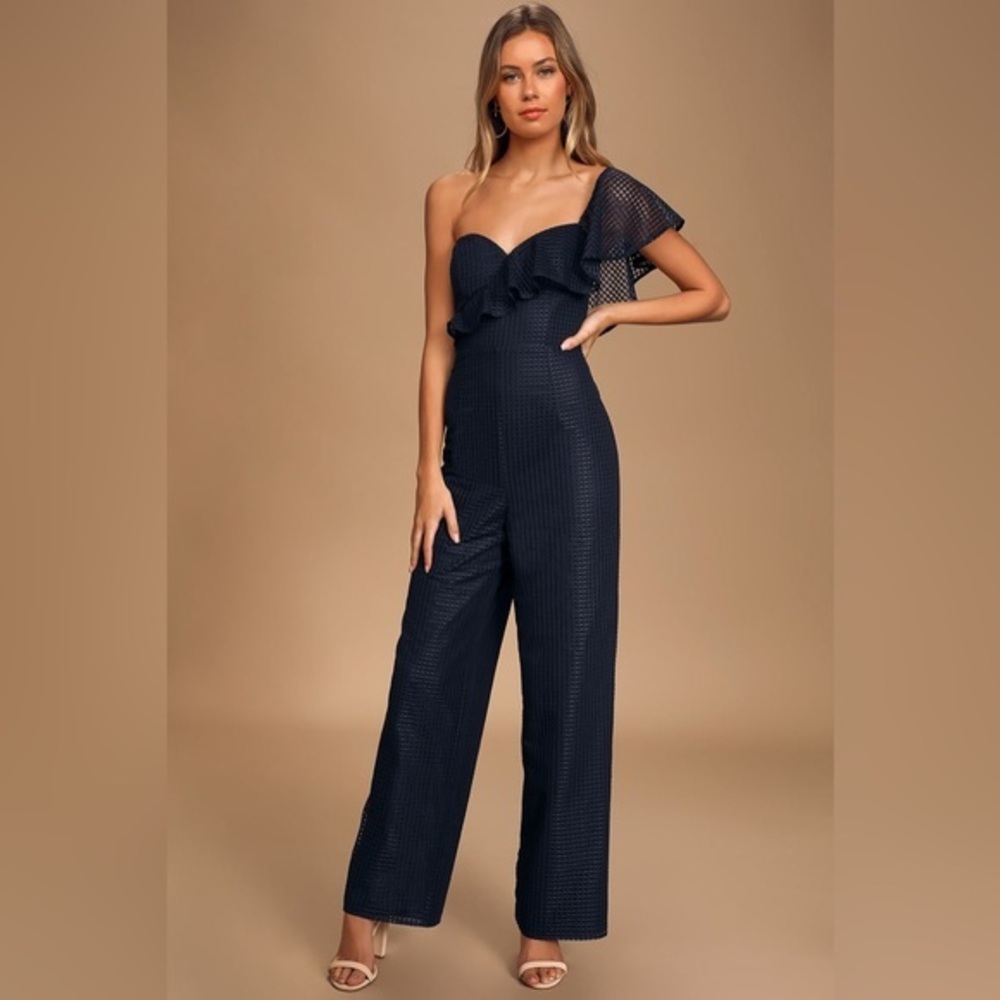 Lulu’s Off the Charts Navy Blue Grid Print Mesh One-Shoulder Jumpsuit